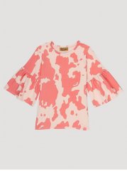 Girl's Pink Cow Print Bell Sleeve Top in Pink