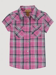 Girl's Short Sleeve Plaid Western Snap Shirt in Bubble Pink