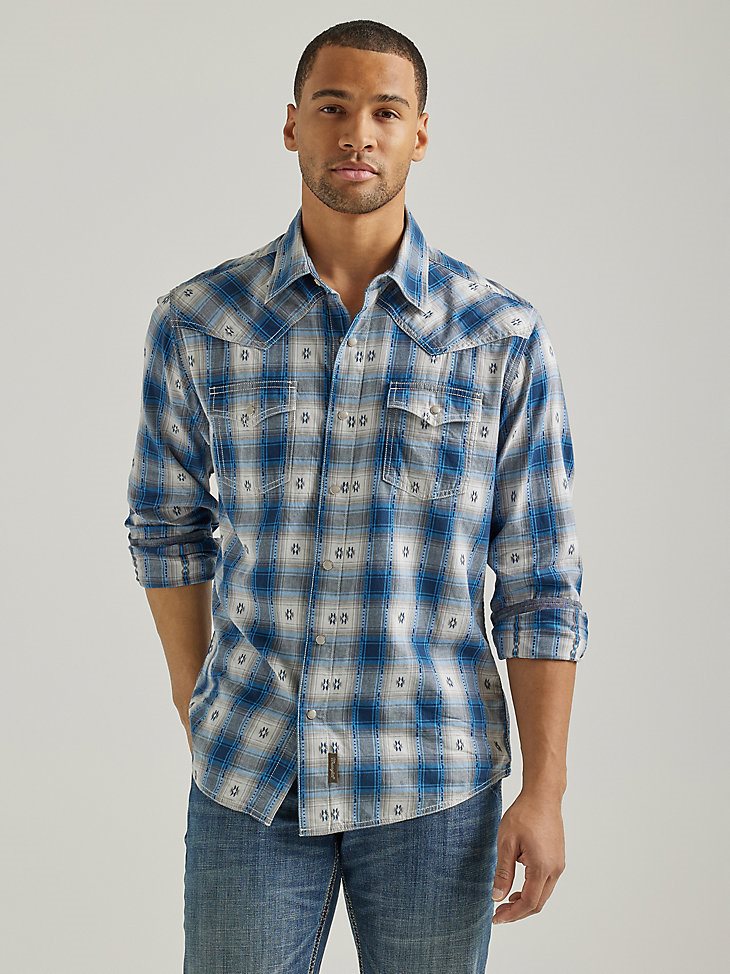 Men's Wrangler Retro Long Sleeve Western Snap Plaid Overprint Shirt in Blue Geo Overprint