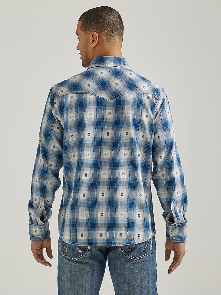 Men's Wrangler Retro Long Sleeve Western Snap Plaid Overprint Shirt in Blue Geo Overprint