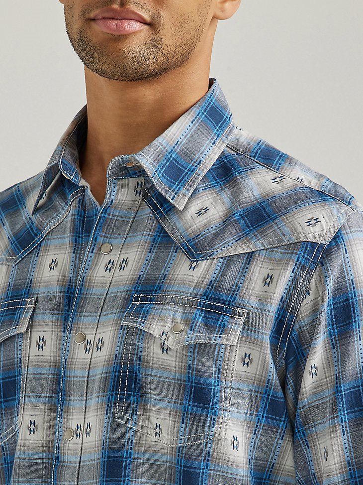 Men's Wrangler Retro Long Sleeve Western Snap Plaid Overprint Shirt in Blue Geo Overprint