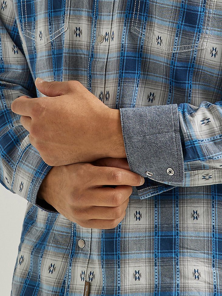 Men's Wrangler Retro Long Sleeve Western Snap Plaid Overprint Shirt in Blue Geo Overprint
