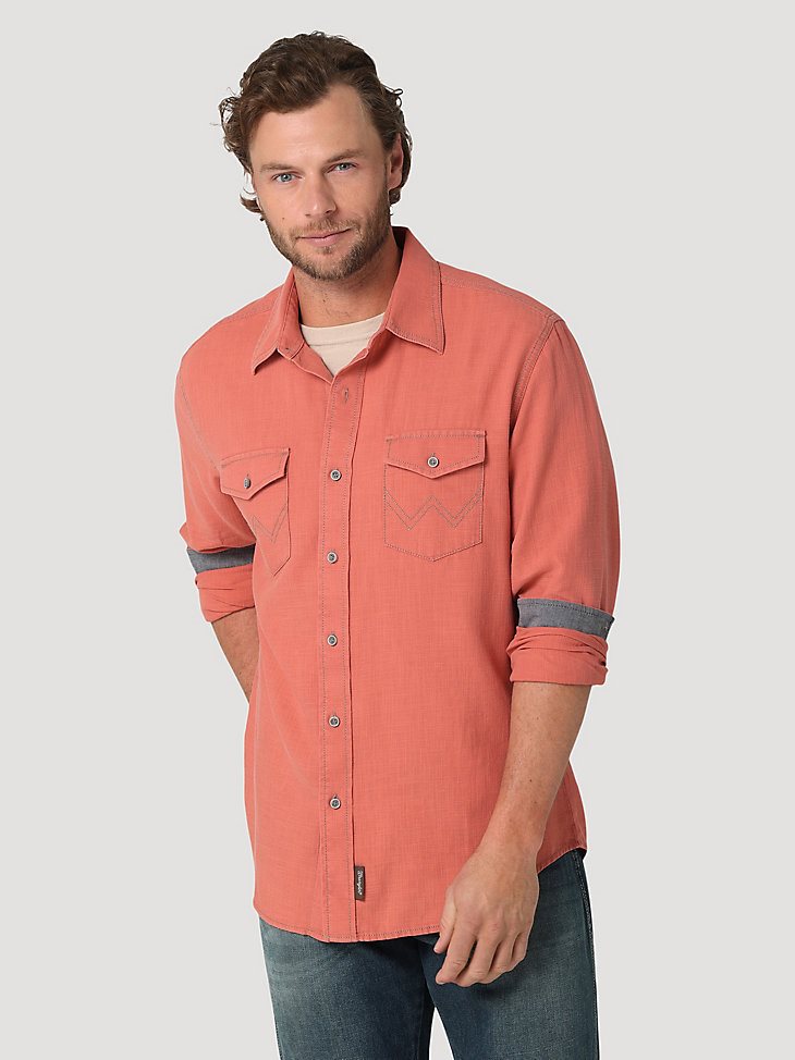 Men's Wrangler Retro Premium Long Sleeve Button-Down Solid Shirt in Salmon Red