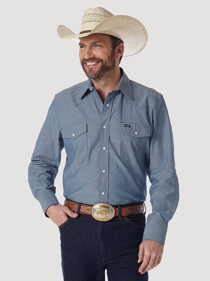 Cowboy Cut Firm Finish Long Sleeve Western Snap Solid Work Shirt in Chambray Blue
