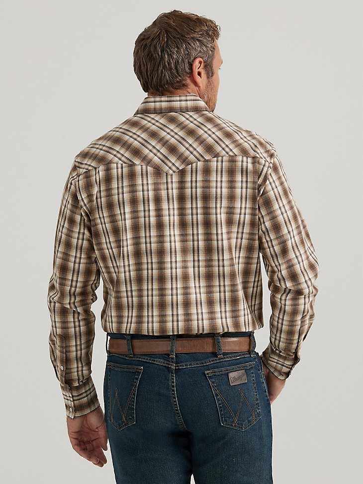 Men's Wrangler Premium Performance Advanced Comfort Long Sleeve Plaid Work Shirt in Turkish Coffee