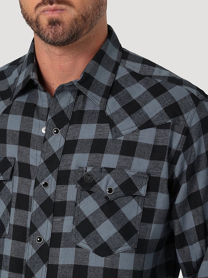Men's Wrangler Retro Long Sleeve Flannel Western Snap Plaid Shirt in Stormy Weather