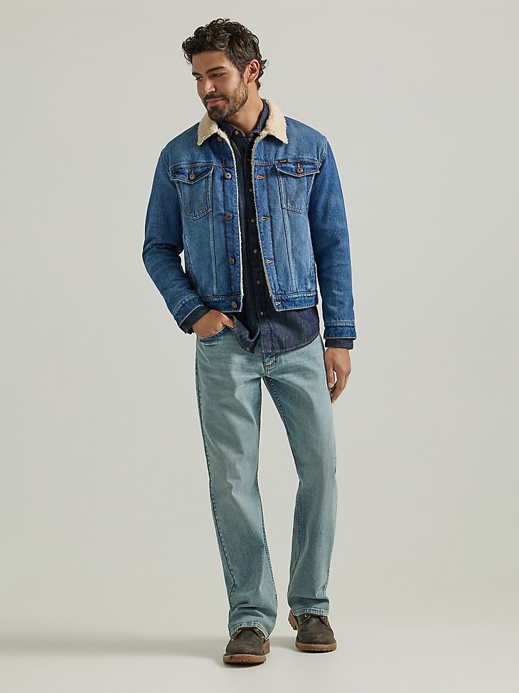Men's Wrangler Sherpa Lined Denim Jacket in Mid Wash