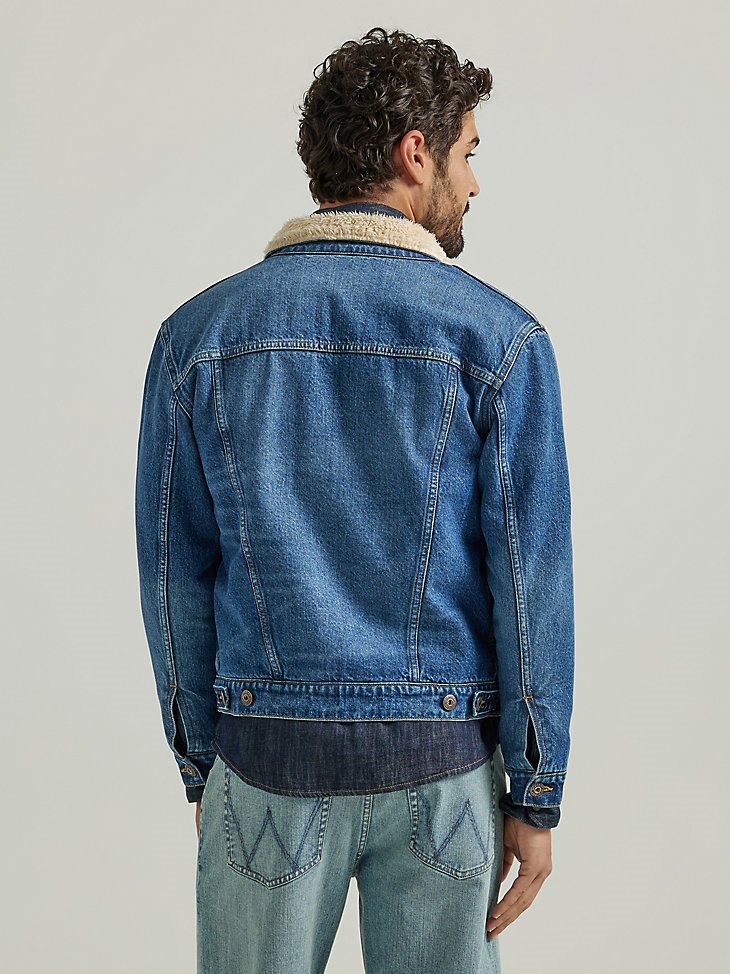 Men's Wrangler Sherpa Lined Denim Jacket in Mid Wash