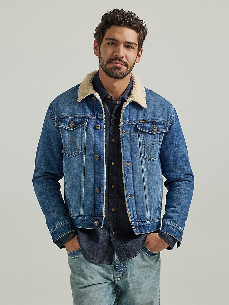 Men's Wrangler Sherpa Lined Denim Jacket in Mid Wash
