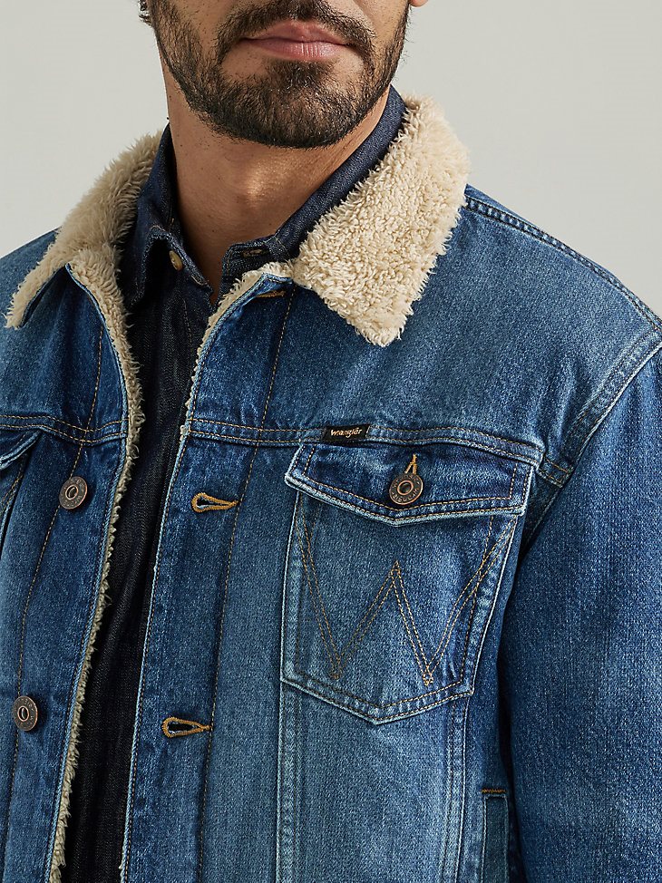 Men's Wrangler Sherpa Lined Denim Jacket in Mid Wash
