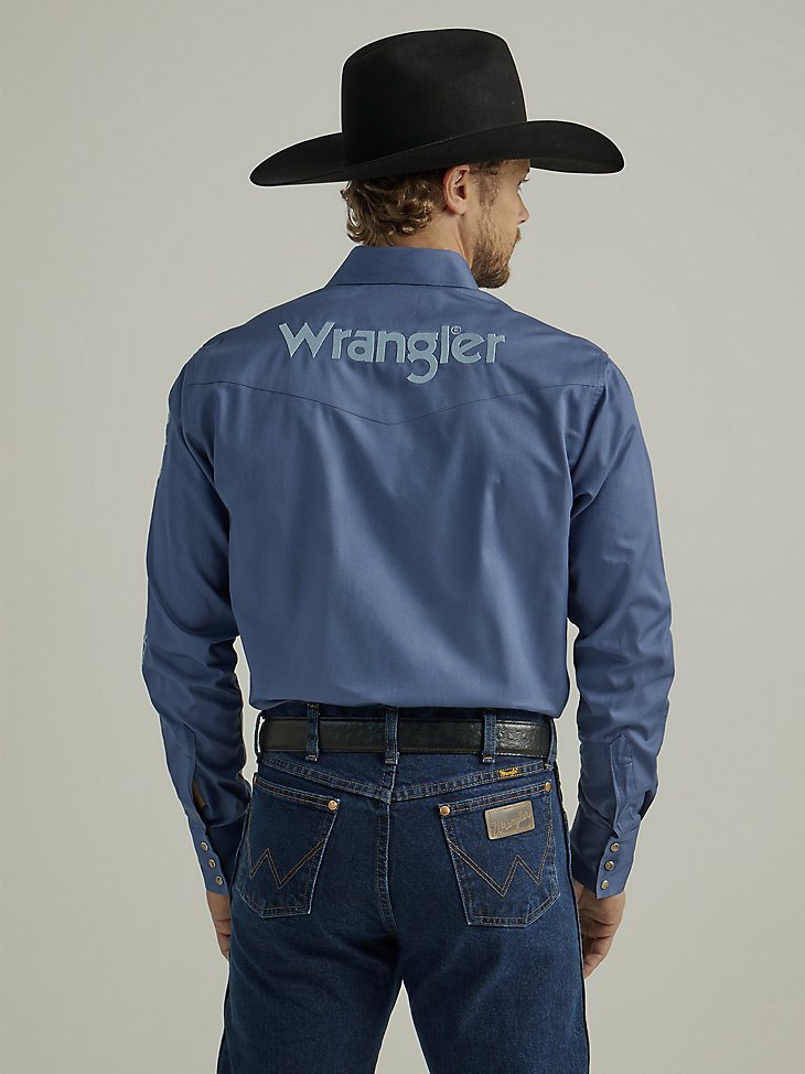 Men's Wrangler Logo Long Sleeve Western Snap Shirt in Bijou Blue