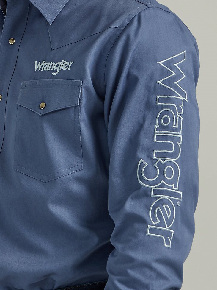 Men's Wrangler Logo Long Sleeve Western Snap Shirt in Bijou Blue