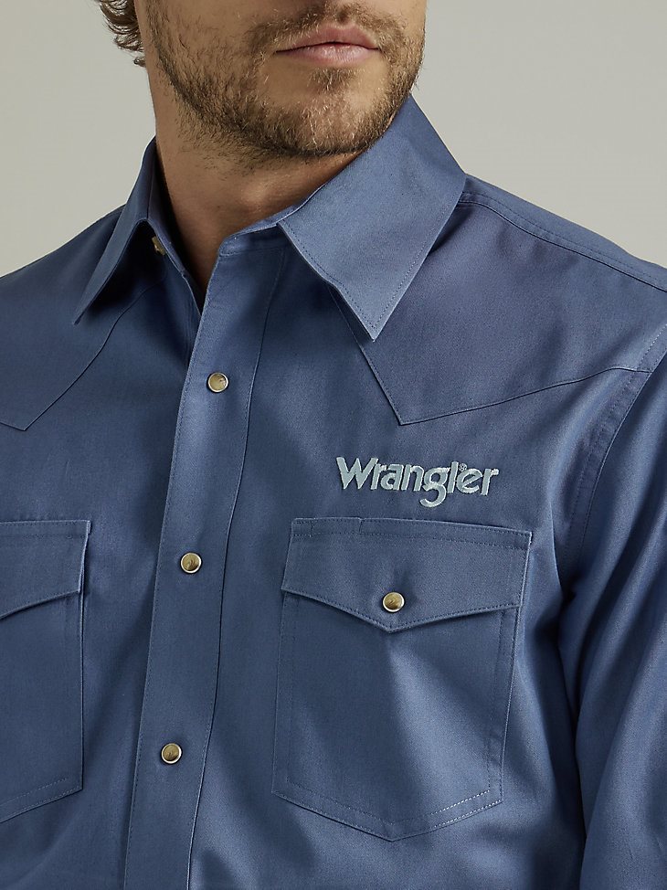 Men's Wrangler Logo Long Sleeve Western Snap Shirt in Bijou Blue