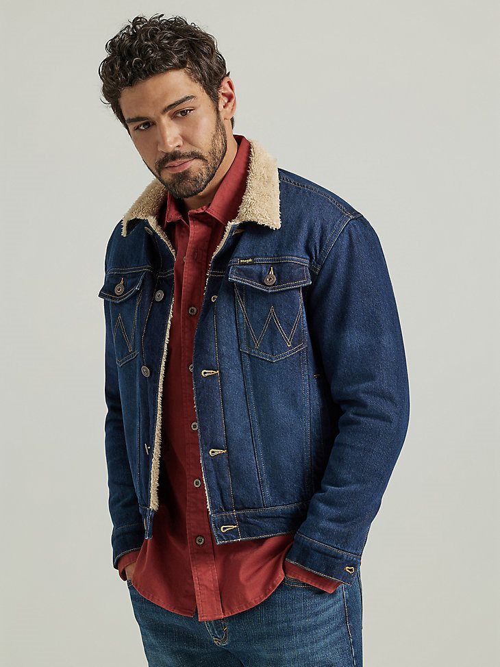 Men's Wrangler Sherpa Lined Denim Jacket in Dark Wash