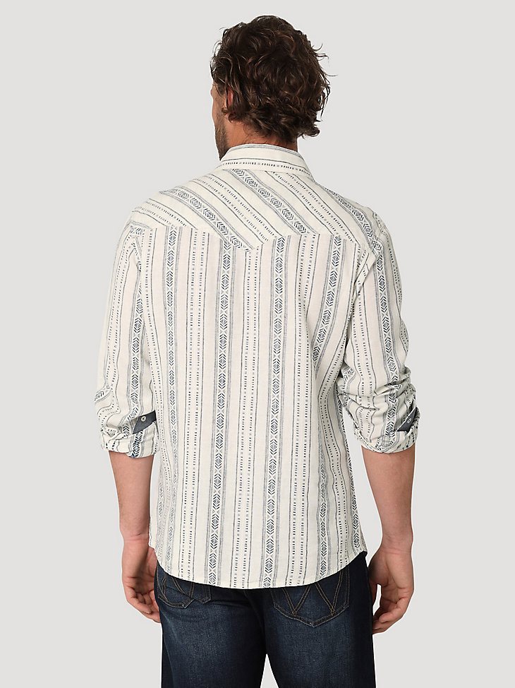 Wrangler Retro Premium Long Sleeve Linen Western Snap Shirt in White Stripe