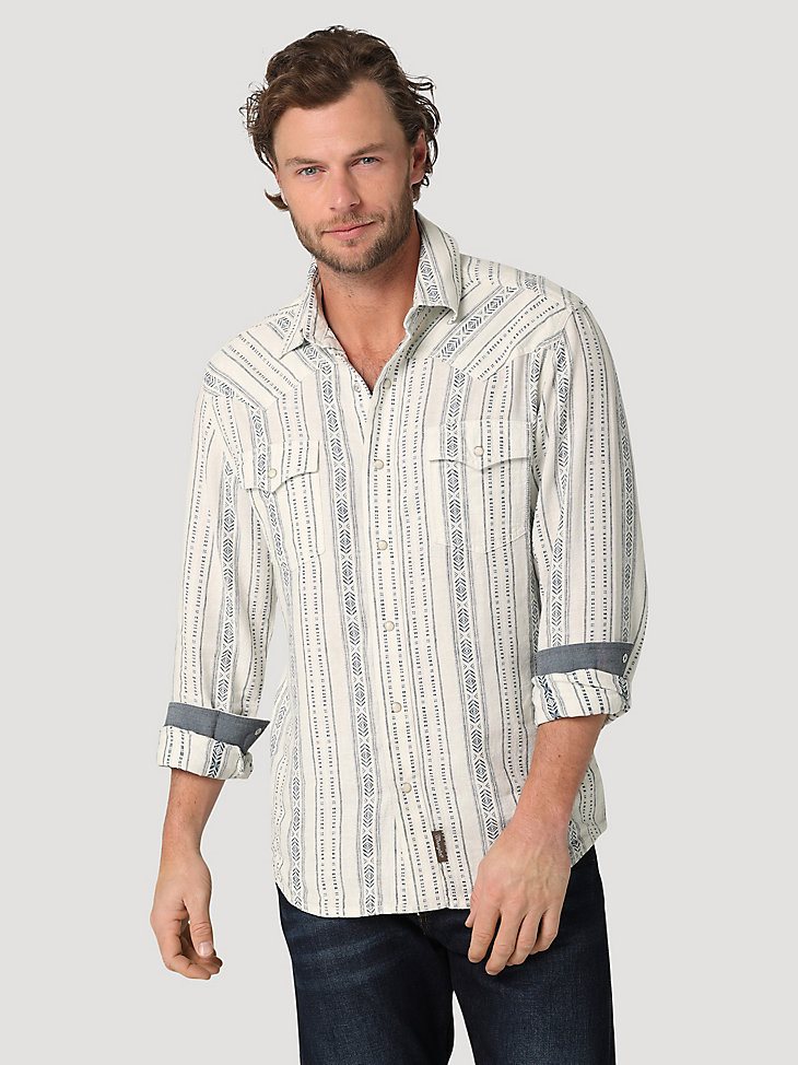 Wrangler Retro Premium Long Sleeve Linen Western Snap Shirt in White Stripe