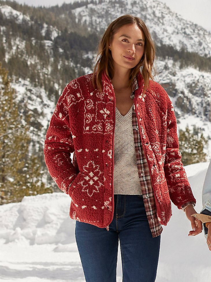 Women's Wrangler Retro Printed Sherpa Snap Jacket in Burnt Henna