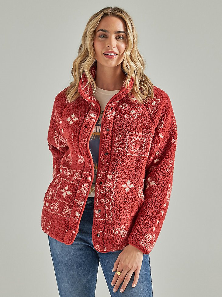 Women's Wrangler Retro Printed Sherpa Snap Jacket in Burnt Henna