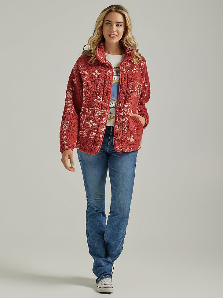 Women's Wrangler Retro Printed Sherpa Snap Jacket in Burnt Henna