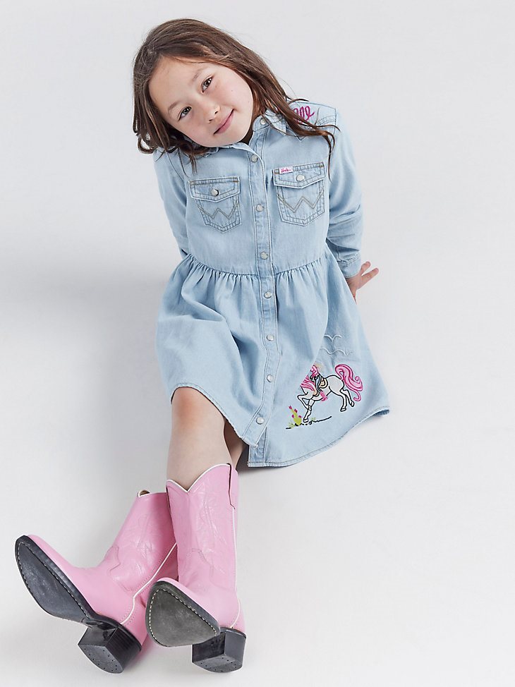 Wrangler x Barbie Girl's Embroidered Denim Shirt Dress in Ken Blue