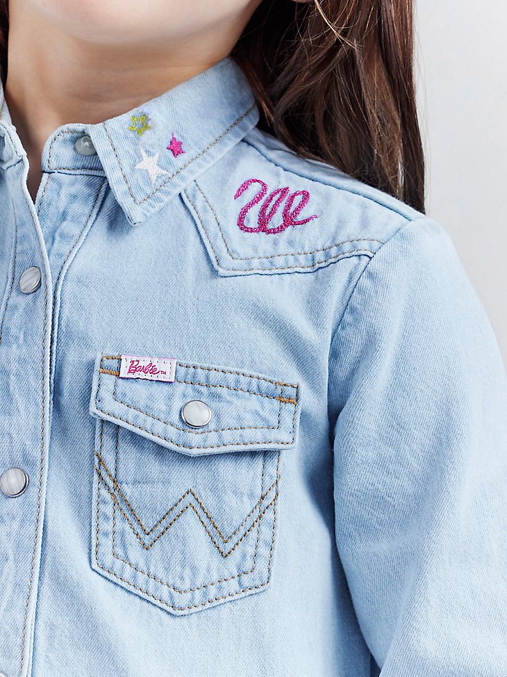 Wrangler x Barbie Girl's Embroidered Denim Shirt Dress in Ken Blue