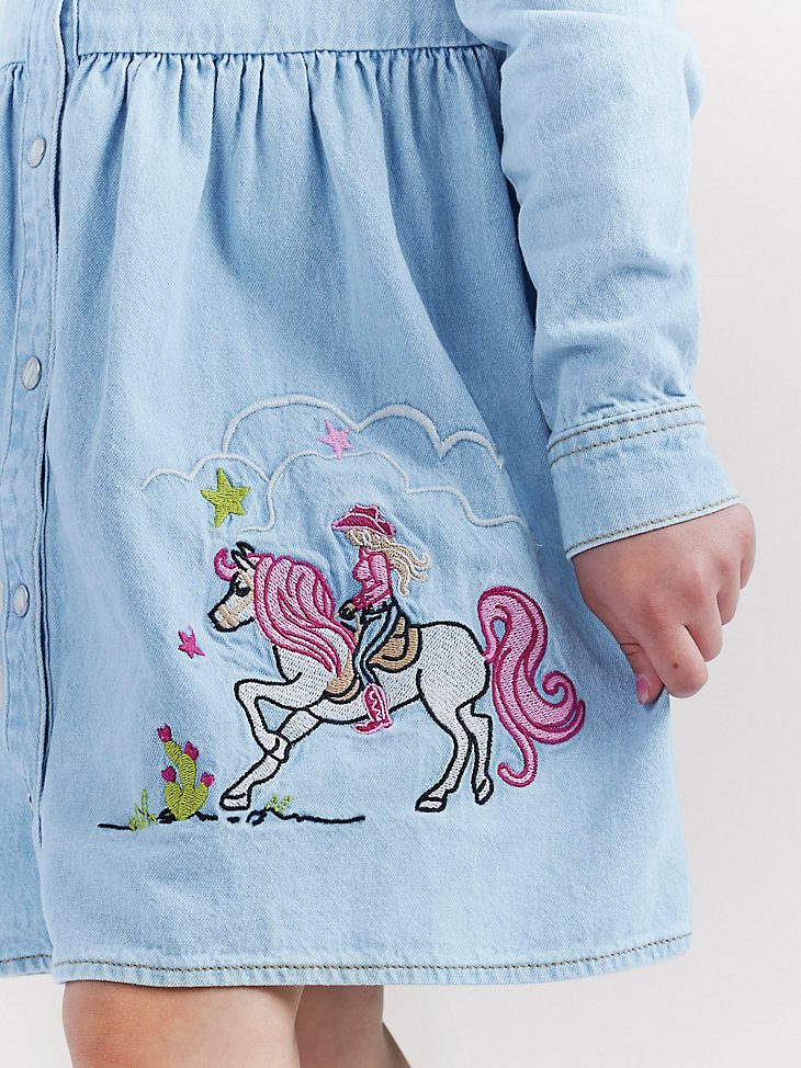 Wrangler x Barbie Girl's Embroidered Denim Shirt Dress in Ken Blue