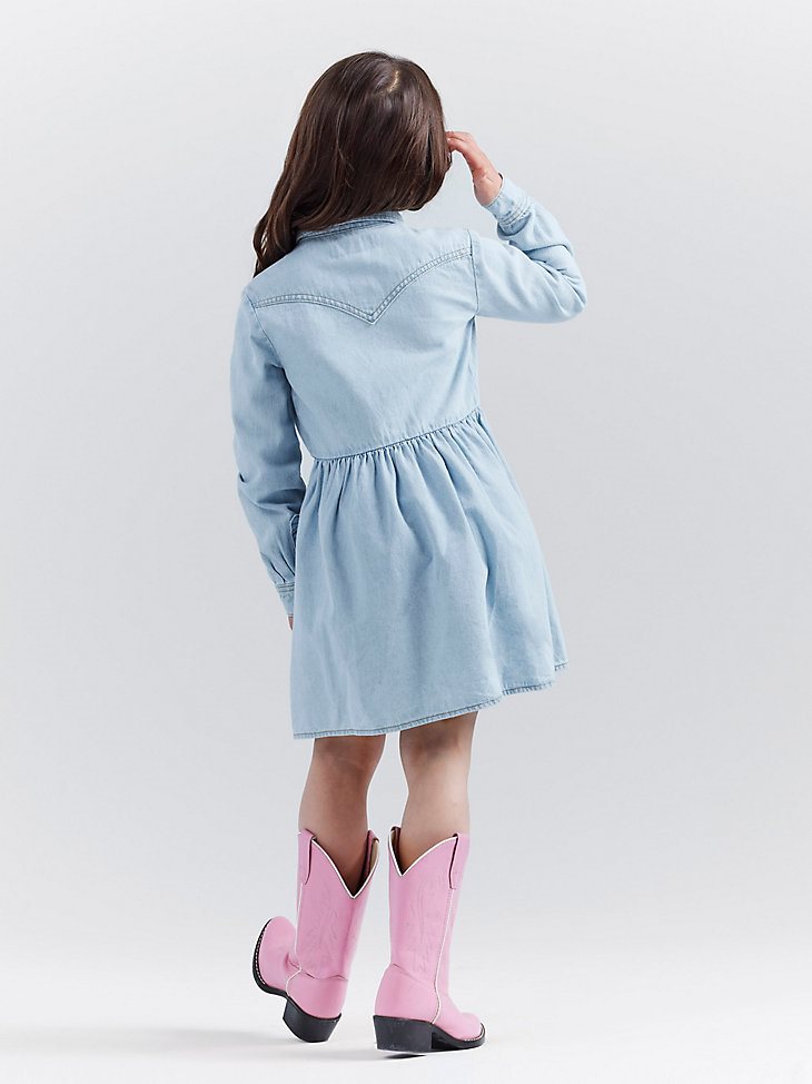 Wrangler x Barbie Girl's Embroidered Denim Shirt Dress in Ken Blue