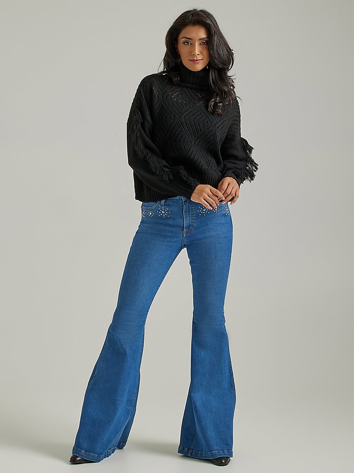 Women's Wrangler Retro Fringe Sleeve Turtleneck Sweater in Black