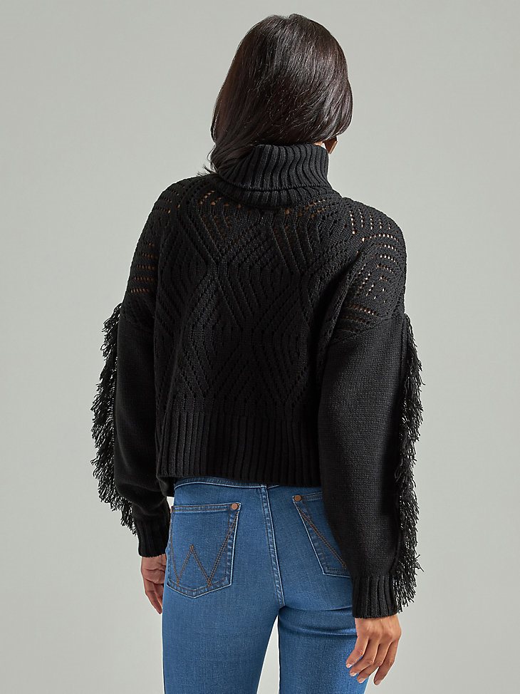 Women's Wrangler Retro Fringe Sleeve Turtleneck Sweater in Black