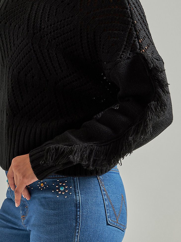 Women's Wrangler Retro Fringe Sleeve Turtleneck Sweater in Black