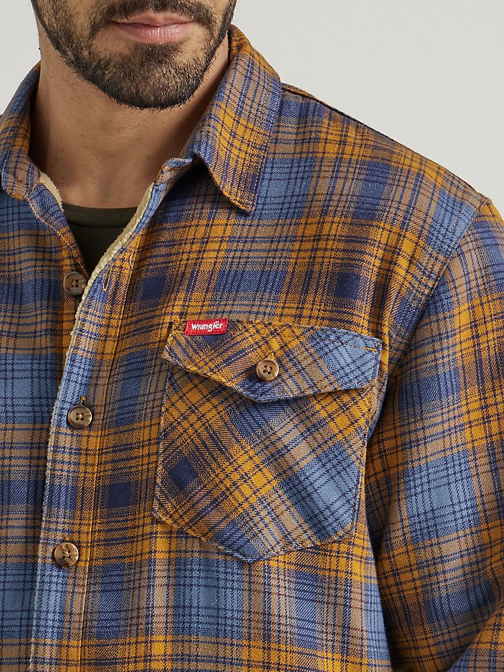 Men's Wrangler Heavyweight Plaid Sherpa Lined Shirt Jacket in Vintage Indigo