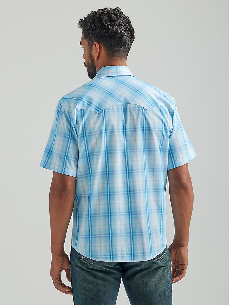 Men's Wrangler Fashion Snap Short Sleeve Western Snap Plaid Shirt in Baby Blue
