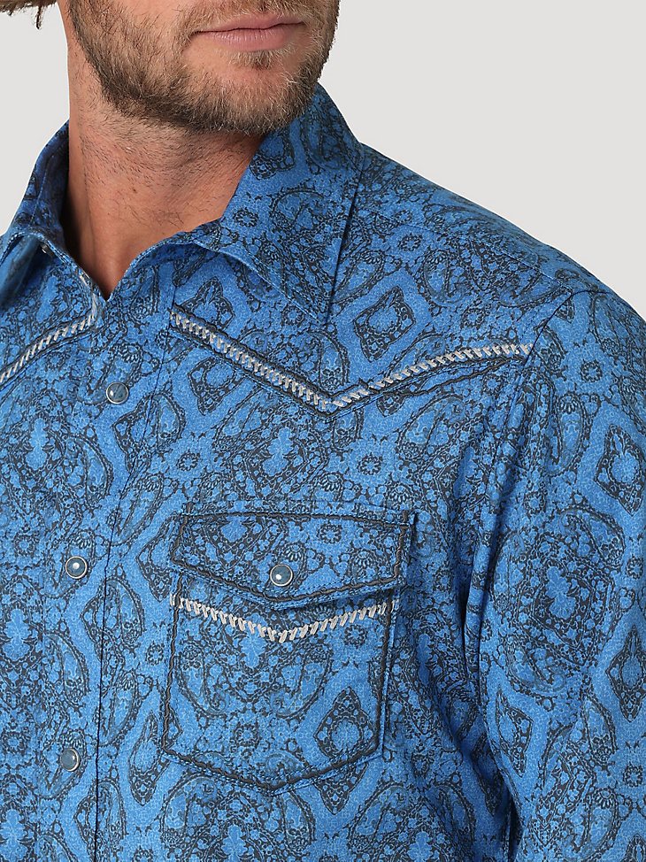 Men's Rock 47 by Wrangler Long Sleeve Embroidered Yoke Western Snap Print Shirt in Blue Print