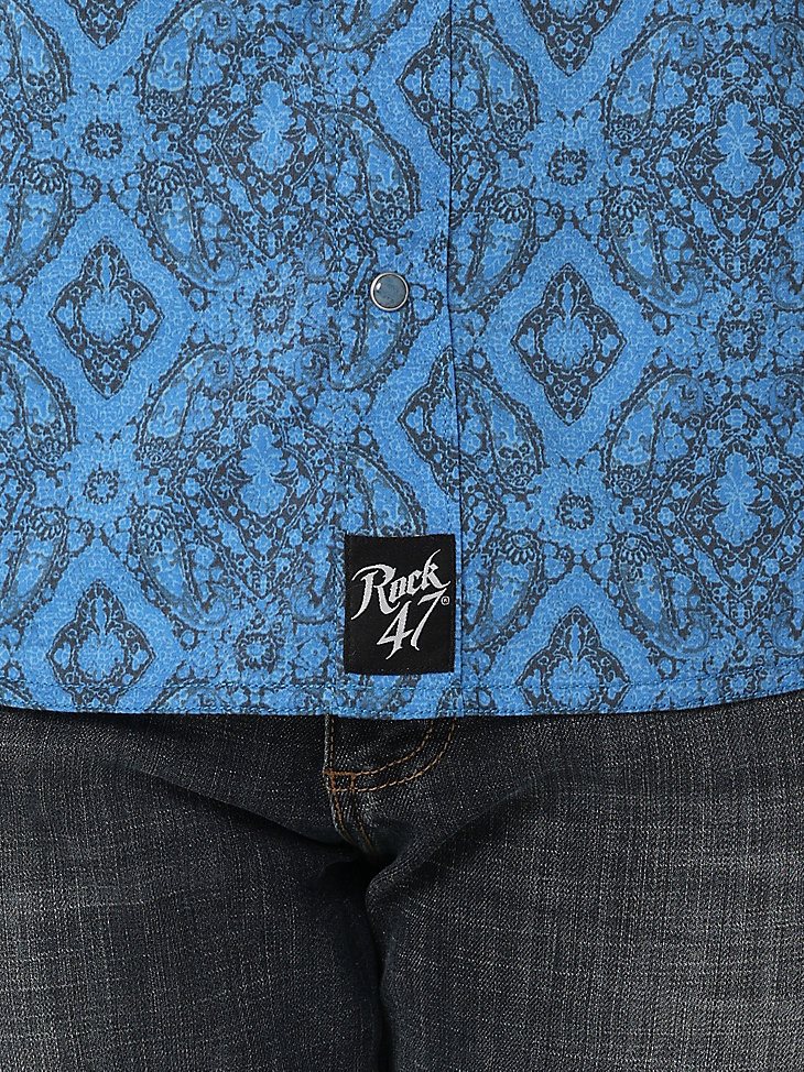 Men's Rock 47 by Wrangler Long Sleeve Embroidered Yoke Western Snap Print Shirt in Blue Print