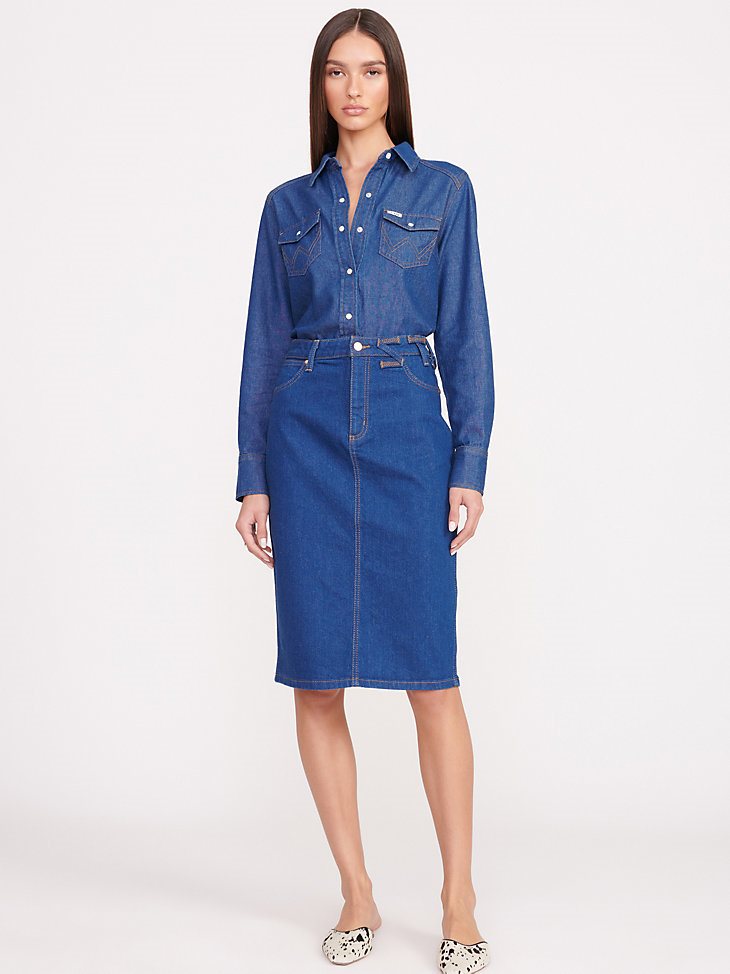 Wrangler + STAUD The Pencil Skirt in Dark Rinse
