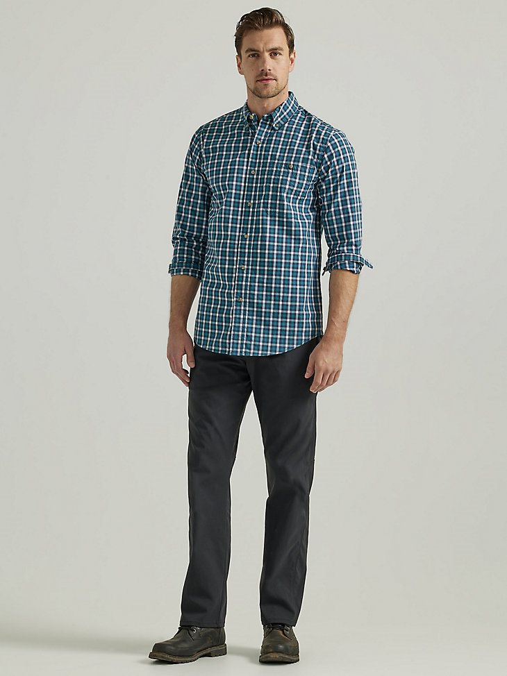 Wrangler Rugged Wear Long Sleeve Wrinkle Resist Plaid Button-Down Shirt in Teal Navy