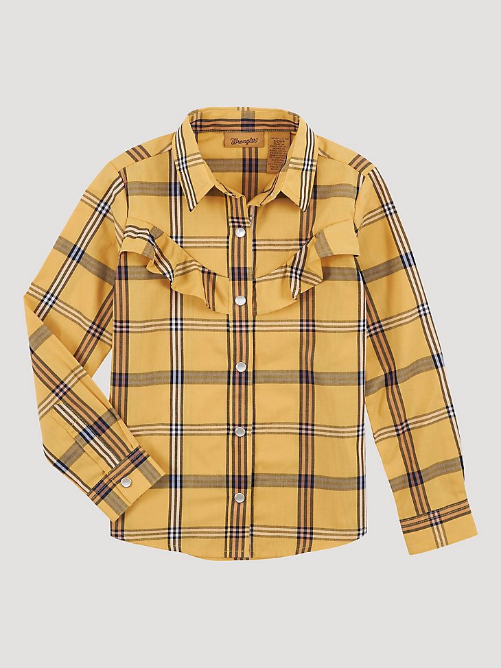 Girl's Long Sleeve Ruffle Front Western Snap Shirt in Dandelion