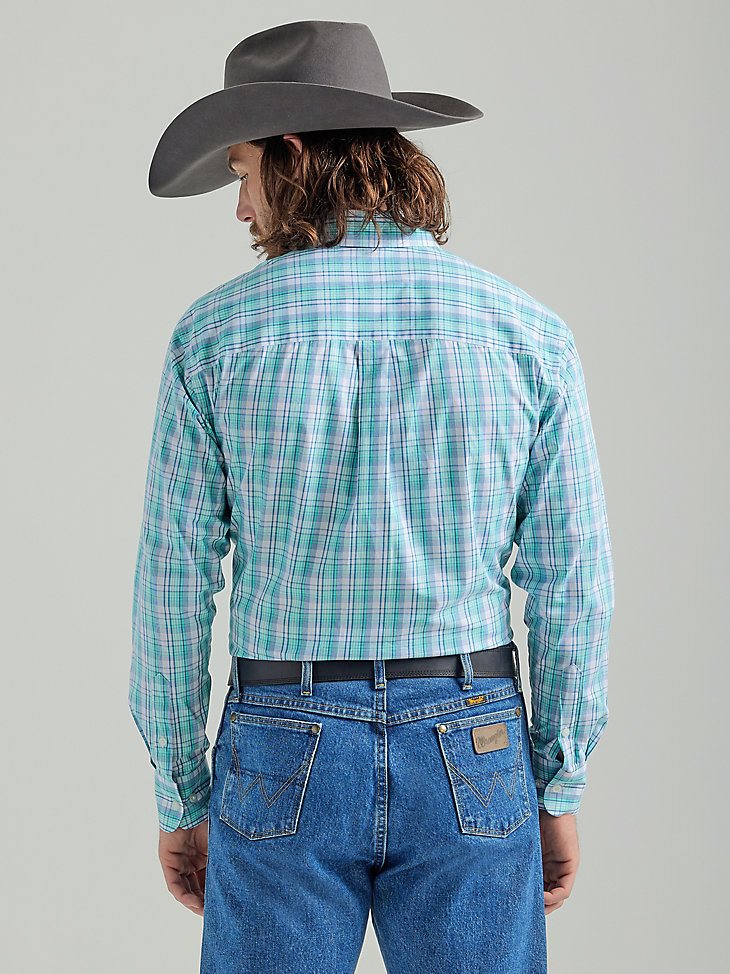 Men's George Strait Long Sleeve Button Down One Pocket Plaid Shirt in Teal Floral