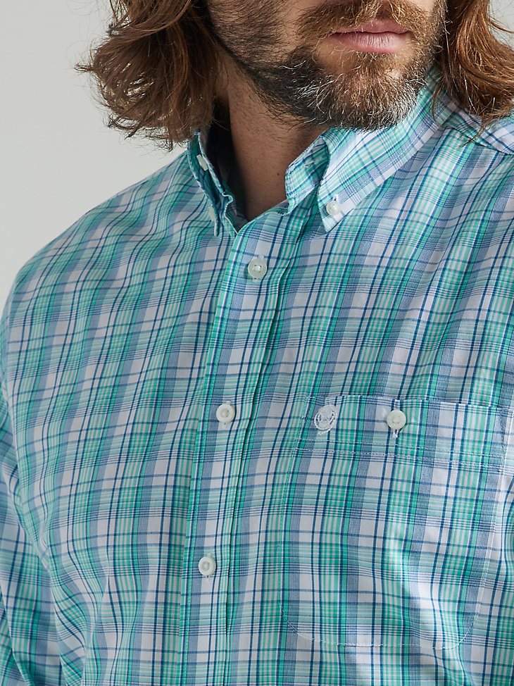 Men's George Strait Long Sleeve Button Down One Pocket Plaid Shirt in Teal Floral
