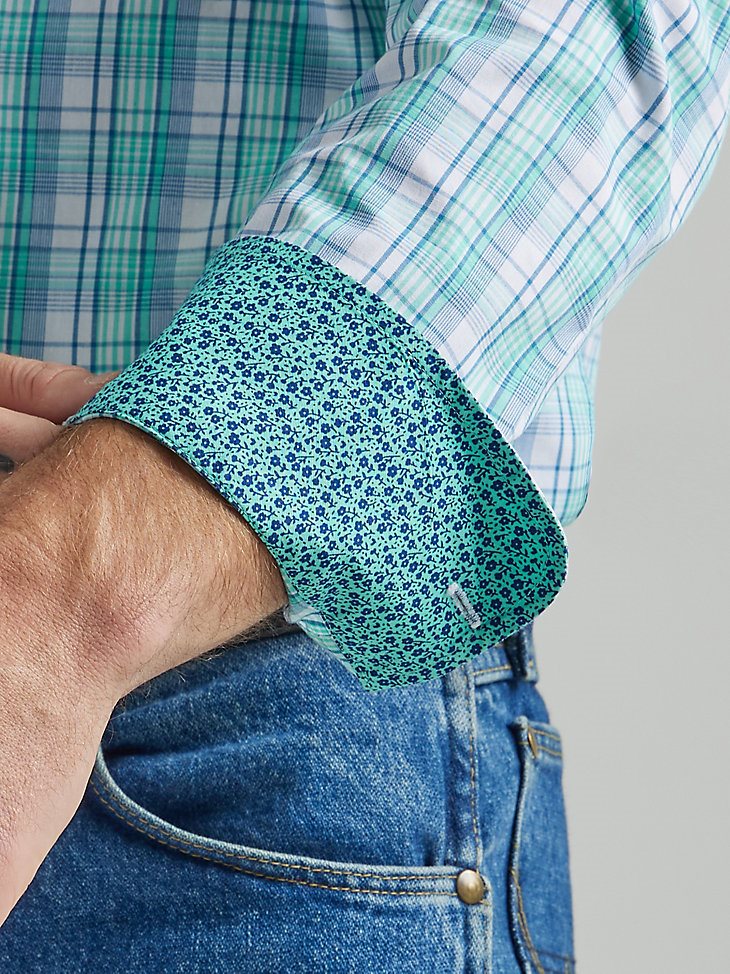 Men's George Strait Long Sleeve Button Down One Pocket Plaid Shirt in Teal Floral