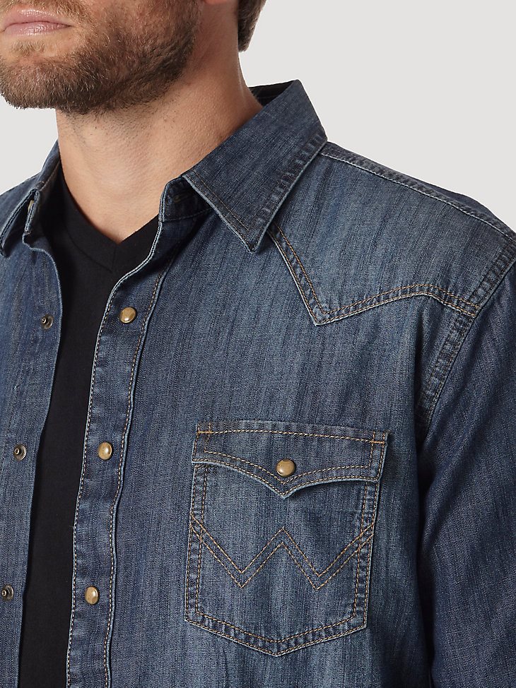 Men’s Wrangler Retro Long Sleeve Blue Denim Western Shirt in Blue Denim
