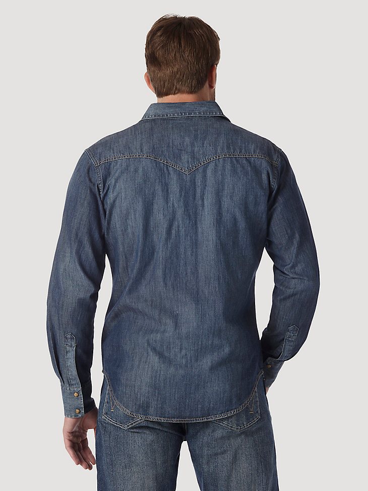 Men’s Wrangler Retro Long Sleeve Blue Denim Western Shirt in Blue Denim