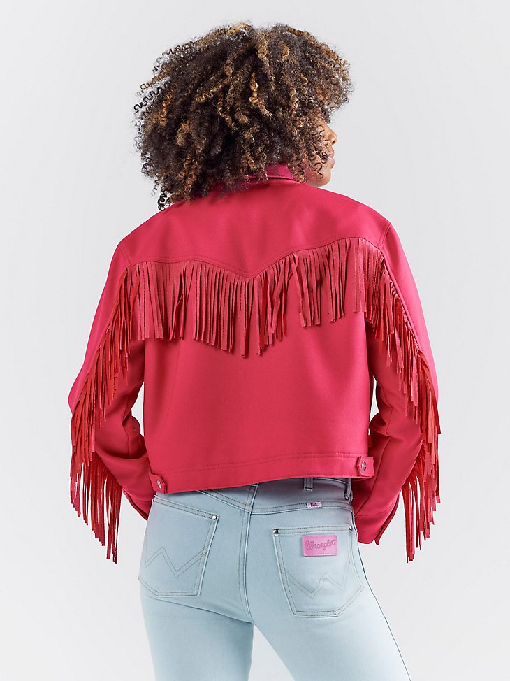 Wrangler x Barbie Fringe Wrancher Jacket in Barbie Pink
