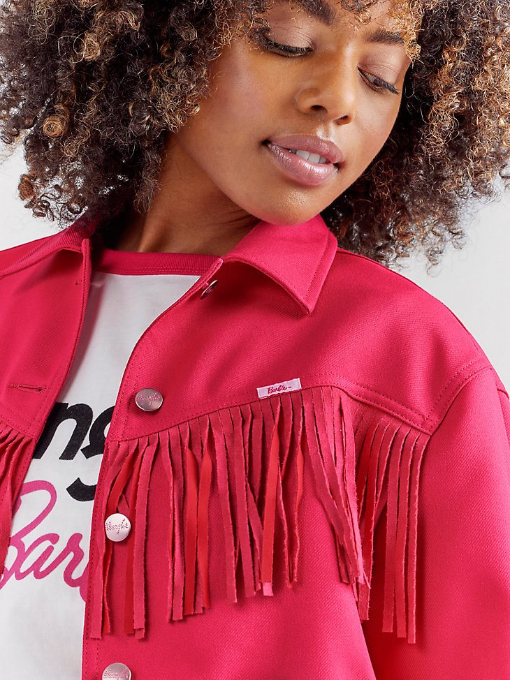Wrangler x Barbie Fringe Wrancher Jacket in Barbie Pink