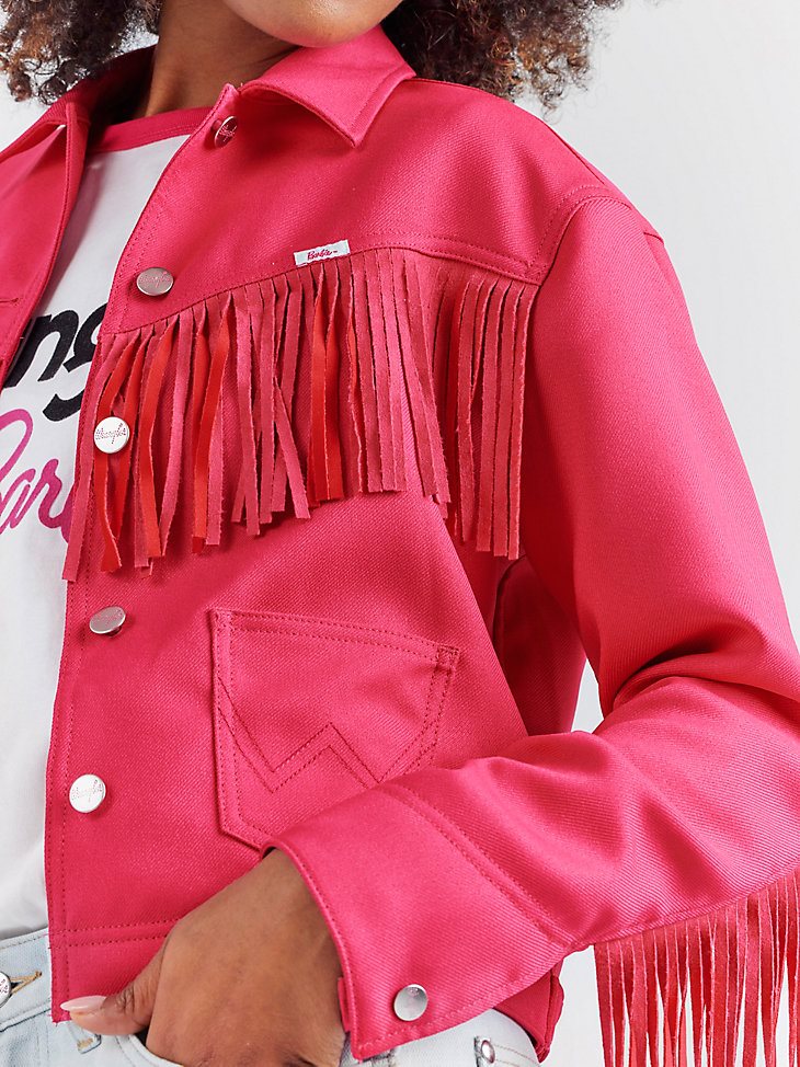 Wrangler x Barbie Fringe Wrancher Jacket in Barbie Pink