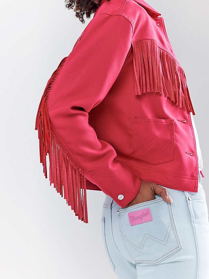 Wrangler x Barbie Fringe Wrancher Jacket in Barbie Pink