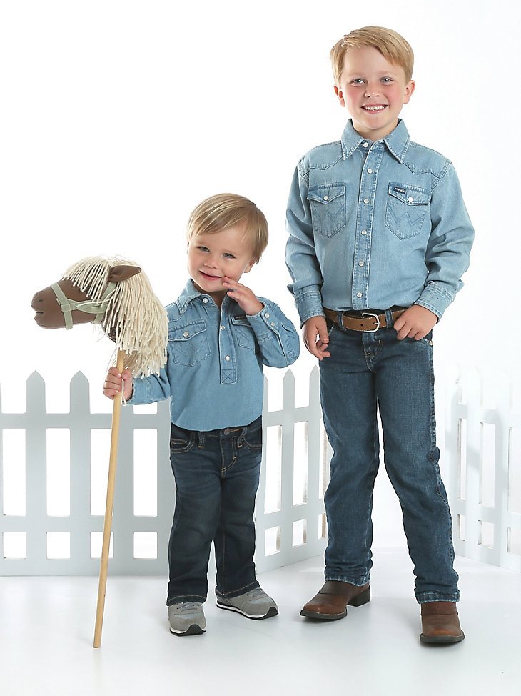 Baby Boy Long Sleeve Denim Bodysuit with Western Snap Placket in Faded Blue