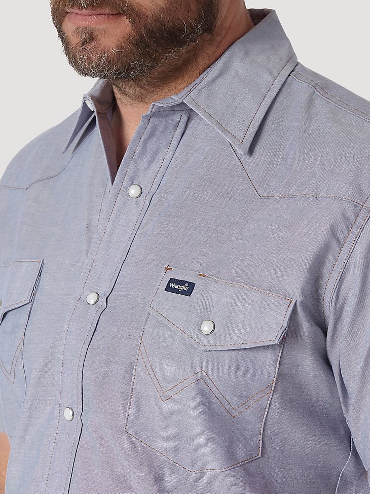 Cowboy Cut Work Short Sleeve Western Snap Solid Chambray Shirt in Chambray