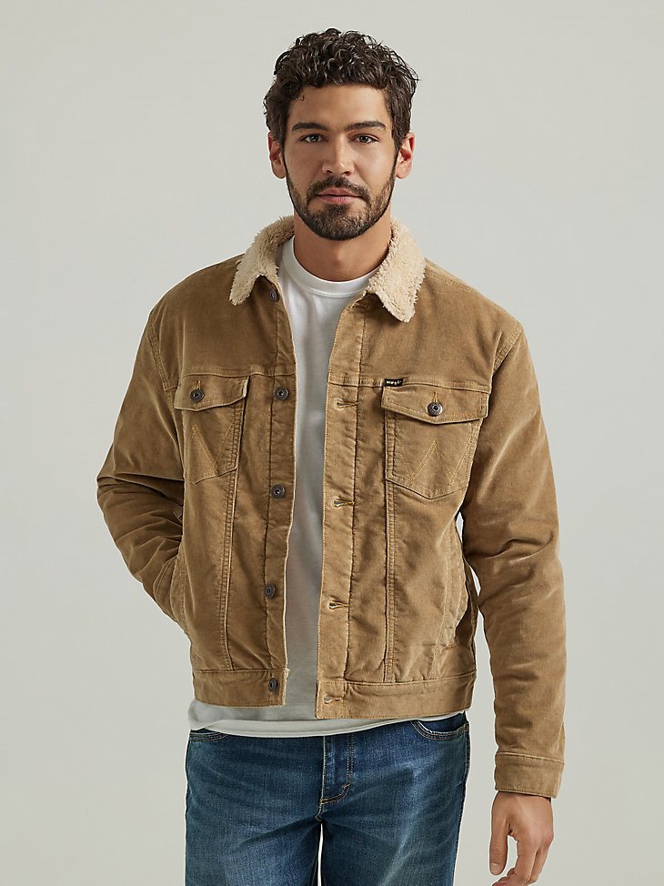 Men's Wrangler Sherpa Lined Corduroy Trucker Jacket in Acorn