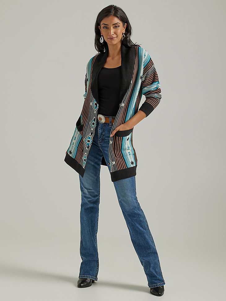 Women's Wrangler Retro Geo Shawl Collar Cardigan Sweater in Black